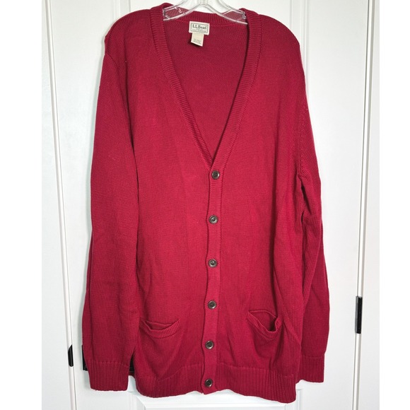 LL Bean Mens XL Tall Red Cotton Knit Cardigan Sweater V Neck Long Sleeve - Picture 1 of 5